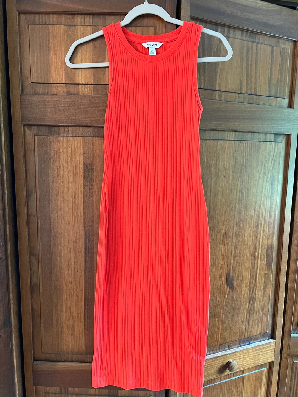 Nine West Bright Red Ribbed Sleeveless Midi Dress